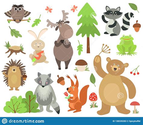 Cartoon Forest Animals Elk Owl Hare Raccoon Squirrel Bear Hedgehog