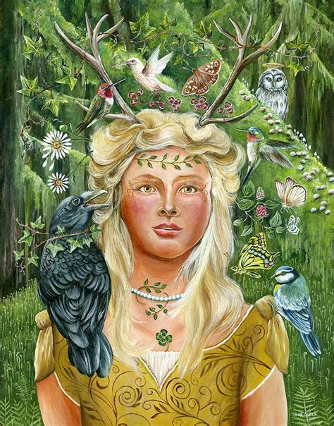 A Painting Of A Woman With Birds On Her Head Surrounded By Trees And