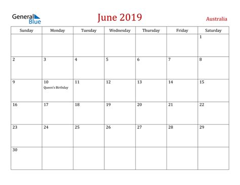 Australia June 2019 Calendar With Holidays