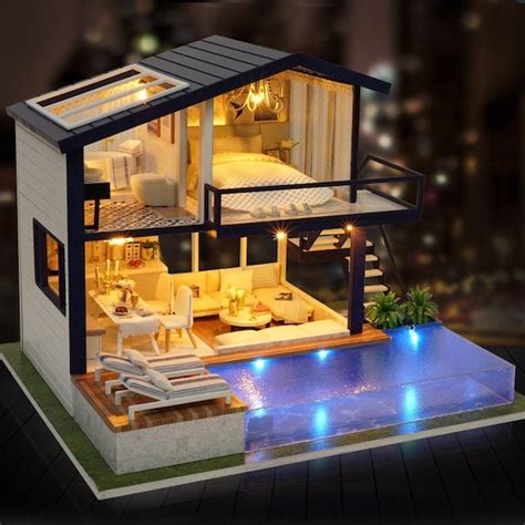Diy Modern Party Home Miniature Doll House Kit Real Swimming Etsy