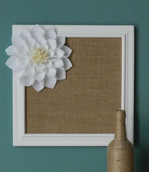 Burlap Covered Framed Cork Board With Large White Felt Flowercork