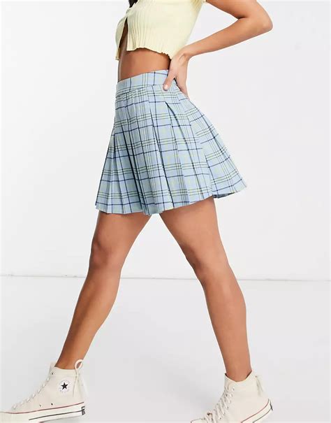 stradivarius pleated tennis mini skirt in blue check asos mini skirts skirts plaid skirts