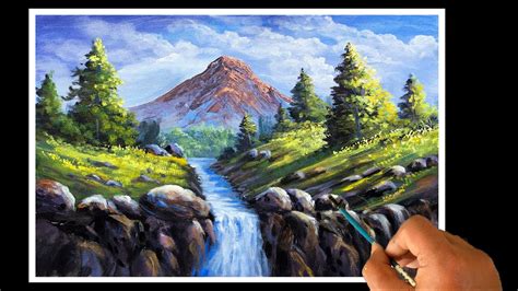 Painting A Beautiful Mountain River Waterfall And Trees Landscape