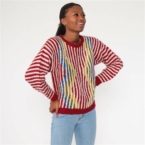 Primary Color Sweater Striped Sweater 80s Knit Sweater Red Yellow