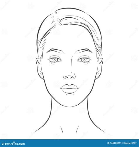 Woman Face Black And White Line Sketch Front Portrait Stock Vector