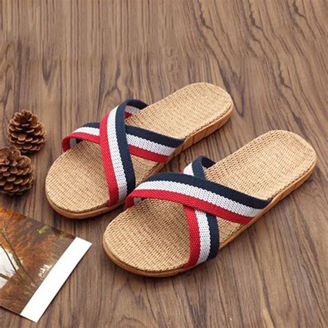 Buy Men Women Anti Slip Linen Indoor Summer Open Home Toe Flats Shoes Slippers At Affordable