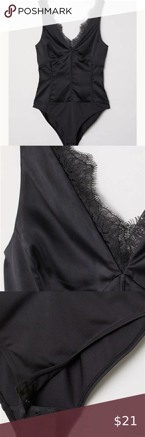 Black Lace Trimmed Satin Bodysuit Bodysuit V Neck Bodysuit Black Lace