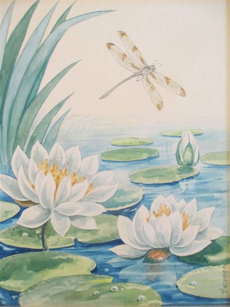 Antique Vintage 1939 Dragonfly Lotus Pond Lilypad Art Deco Signed