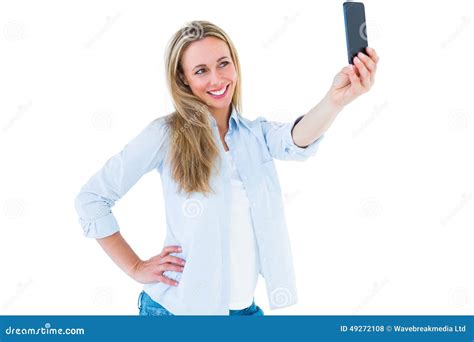 Smiling Blonde Taking A Selfie With Smartphone Stock Photo Image Of