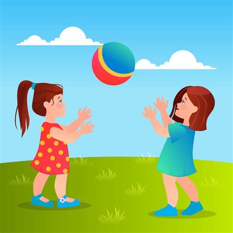 Premium Vector Two Little Cute Girls Play With A Ball Kids Playing