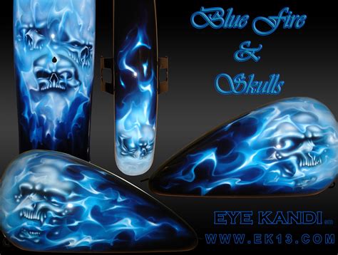 Blue Realistic Fire And Skulls Custom Harley Davidson Motorcycle Paint