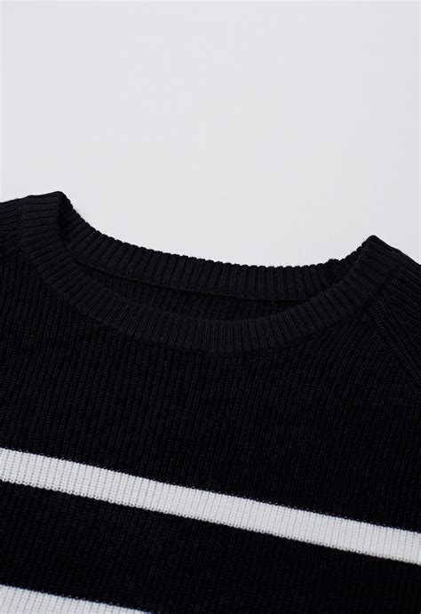 Versatile Round Neck Striped Knit Sweater In Black Retro Indie And Unique Fashion
