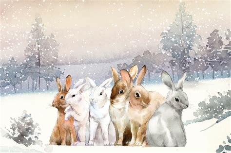 Free Vector Wild Rabbits In The Winter Snow Painted By Watercolor Vector