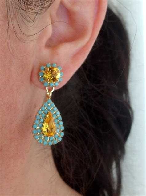 Yellow And Turquoise Chandelier Earrings Bridal Earrings K Etsy