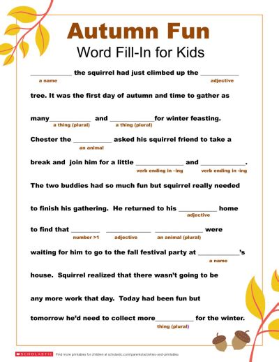 Word Fill In Printable For Fall Worksheets And Printables Scholastic