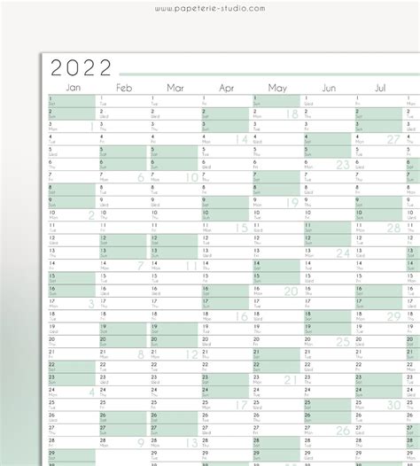 2022 Yearly Wall Calendar Printable Wall Planner 2022 Mint Etsy