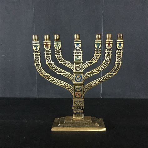 Vintage Brass And Enamel Jewish Menorah Hanukkiah Candle Etsy