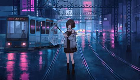 1336x768 Anime Girl With Umbrella Under Neon Lights Tram Passing By