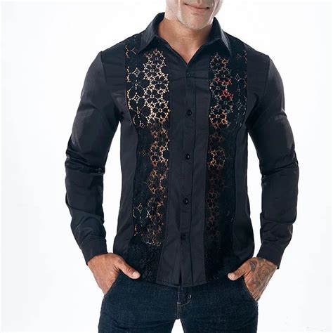 Fashion Mens Luxury Shirts Stylish Slim Fit Long Sleeve Lace Patchwork