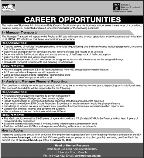 Financial managers work within the public and private sector where they are responsible for providing financial responsibilities of the job include: IBA Karachi Jobs 2014 March for Transport Manager ...