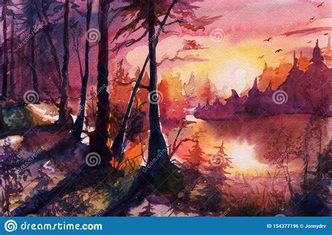 Watercolor Forest Landscape Painting Beautiful Abstract