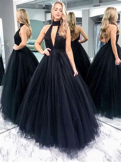 V Neck Black Backless Tulle Wedding Dresses Black Backless Tulle Prom