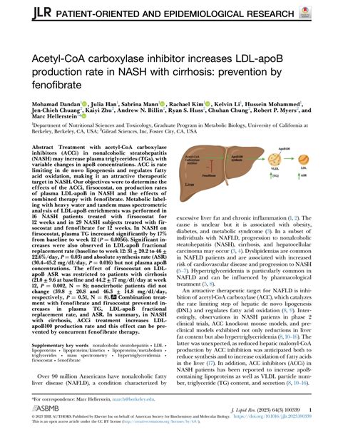 Pdf Acetyl Coa Carboxylase Inhibitor Increases Ldl Apob Production Rate In Nash With Cirrhosis