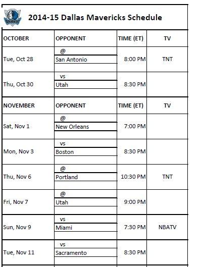 Dallas Mavericks Printable Schedule Printable