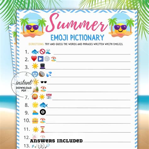 Summer Emoji Pictionary Game Party Games Emoji Trivia Etsy Canada