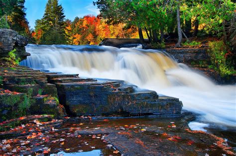 River Fall Waterfall Rocks Landscape Autumn F Wallpaper