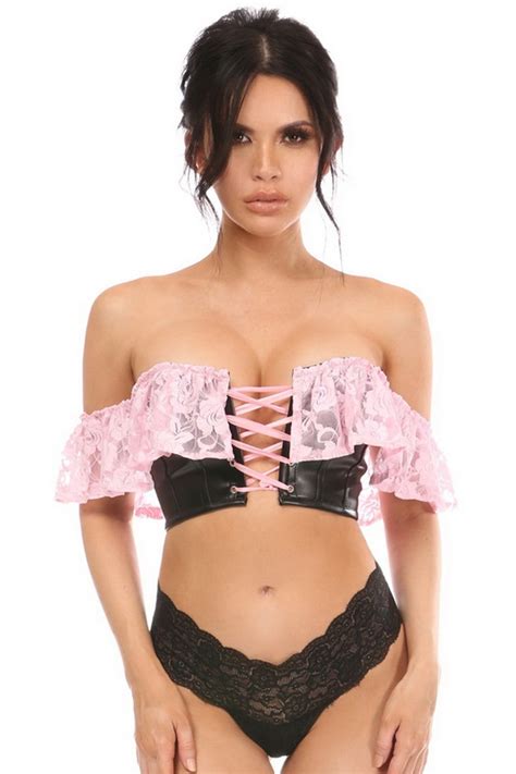 Lavish Light Pink Lace And Faux Leather Bustier Spicy Lingerie