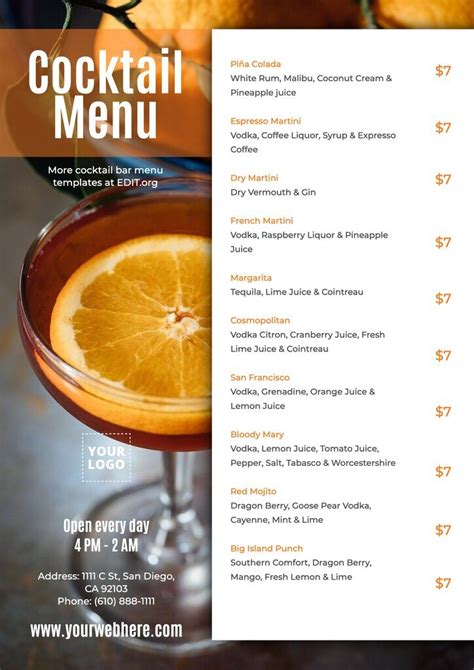 Editable Cocktail Menu Templates