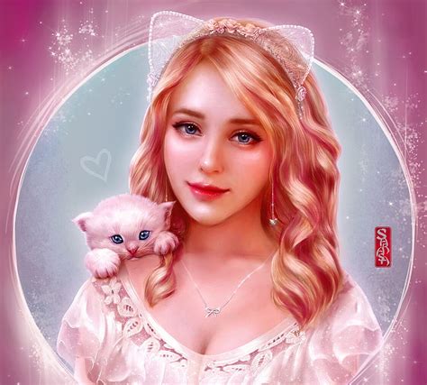 cat girl white pisici pink cat kitten frumusete luminos ears lana paluhina hd