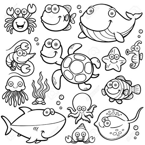 Vector Illustration Of Sea Animals Collection Coloring Book