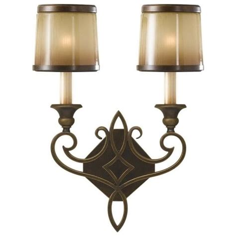Traditional Decorative Twin Bronze Wall Light With Amber Glass Shades