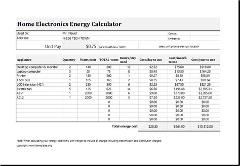 Electric Energy Cost Calculator Template For Excel Excel Templates