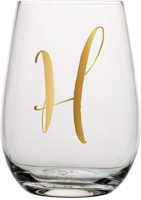Monogrammed Stemless Wine Glass With Metallic Gold Toned Letter H 20