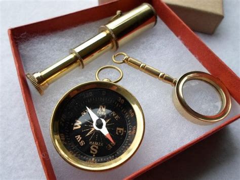 Brass Telescope Compass Magnifying Glass T Set W Box ~ Pendant