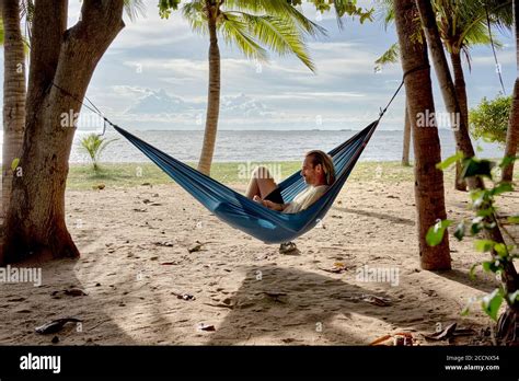 Hammock Beach Man Relaxing In A Hammock Strung Between Trees On A Tropical Beach Against The
