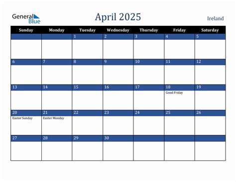 April 2025 Monthly Calendar With Ireland Holidays
