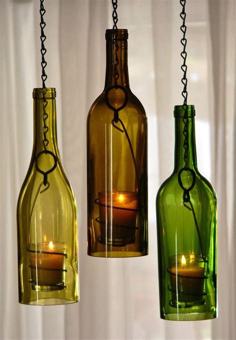 Three Glass Wine Bottle Hanging Hurricane Lanterns Green Olive