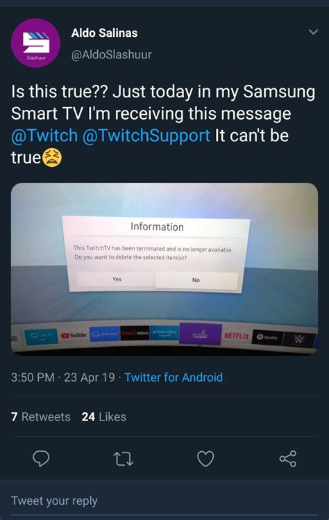 While samsung tvs used to have twitch available in their app source, now they don't. Twitch app removed from Samsung TVs, here're some ...