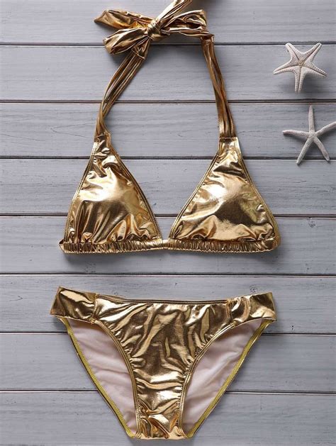 Fashionable Womens Halter Beach Gold Metallic Bikini Golden4xl
