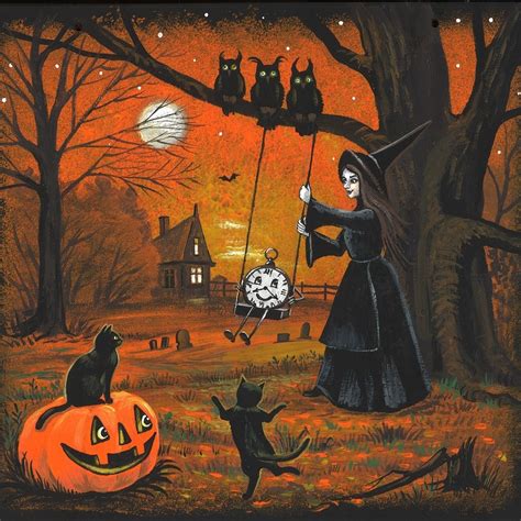 16x16 Haunted Time Ryta Landscape Halloween Witch Black Cat Owl House