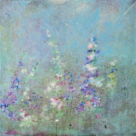 An Abstract Painting With Blue Pink And White Flowers In The