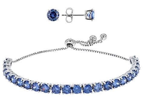 Blue Cubic Zirconia Rhodium Over Sterling Silver Bracelet And Earrings