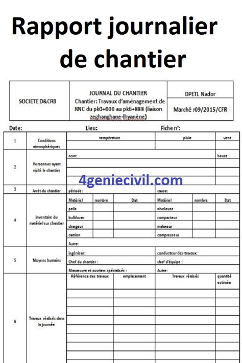 Exemple De Rapport Journalier De Chantier Btp