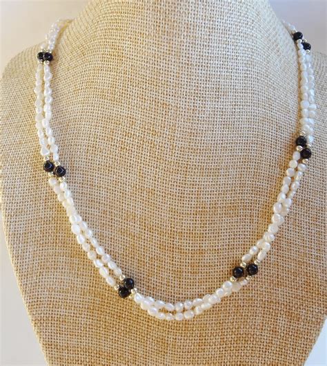 Vintage 2 Strand Freshwater Baroque Seed Pearls Onyx Necklace From