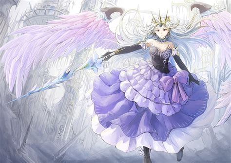 Hd Wallpaper Anime Girl Angel White Hair Wings Sword Dress Tiara