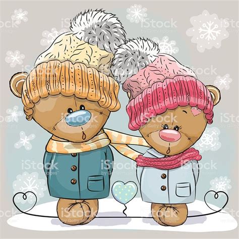 Cute Winter Illustration Teddy Bear Boy And Girl In Hats And Coats